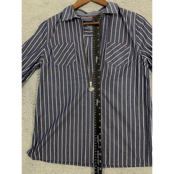 Tommy Hilfiger PM Blue & White Striped Deep V-Neck Half-Zip Long Sleeve Shirt - Picture 14 of 15